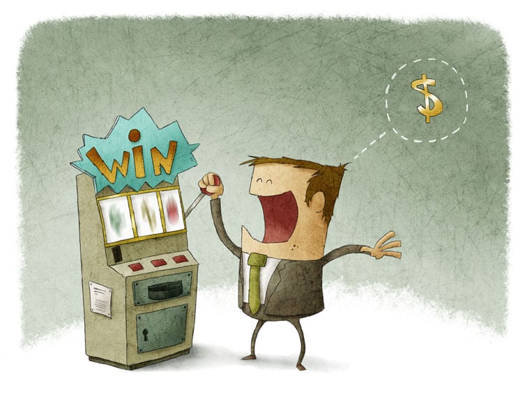 Illustration of man winning at slots machine.