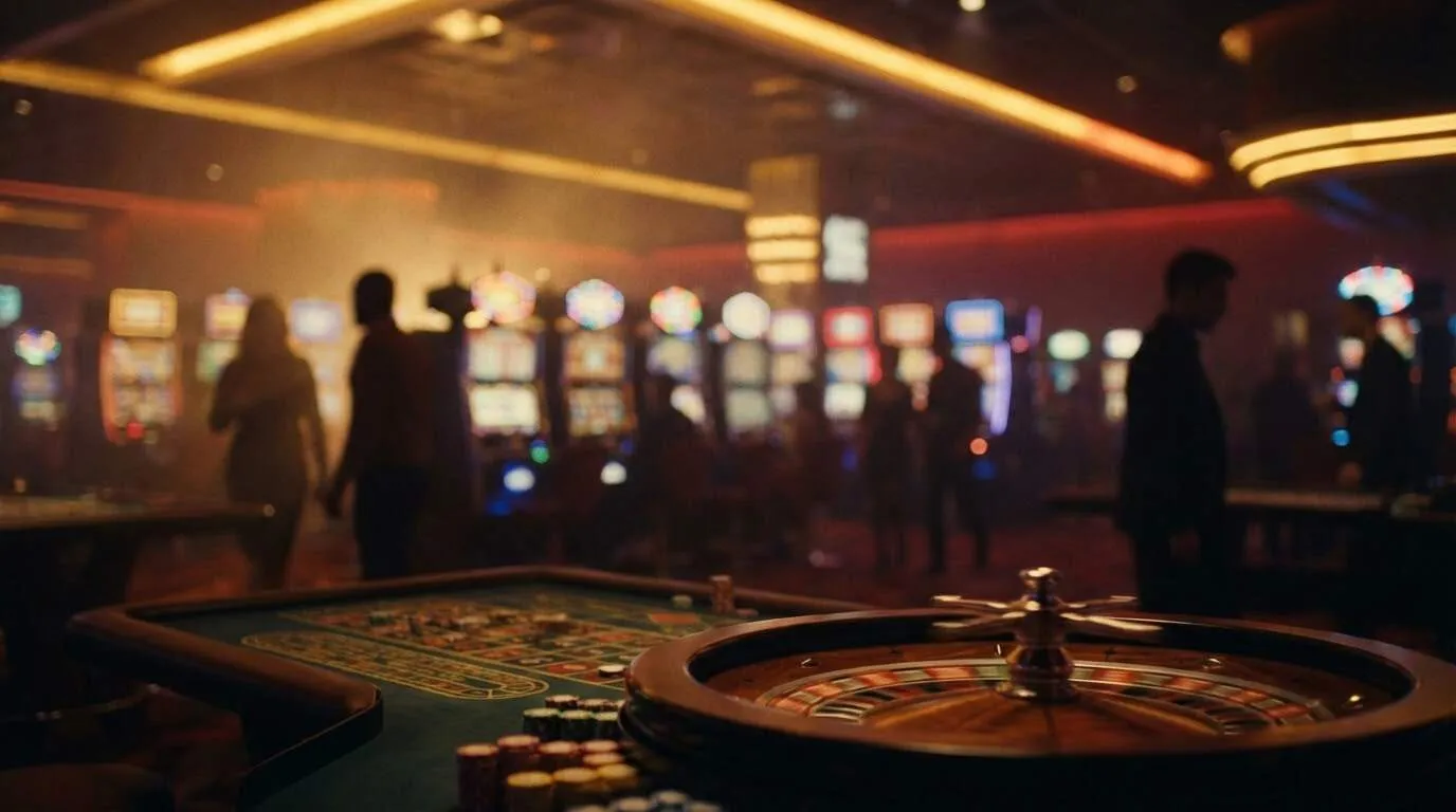Ambiente sombrío de la sala de un casino que ilustra el atractivo y la ilusión de los patrones en el juego