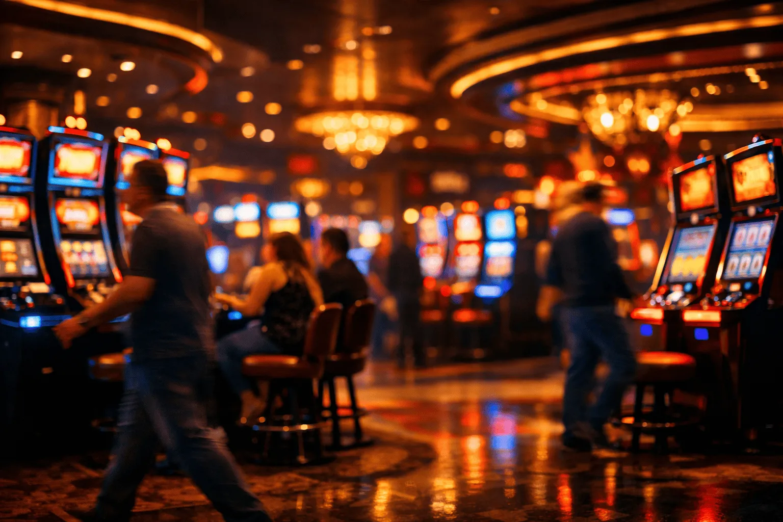 Vista atmosférica de la sala de un casino moderno con tragamonedas iluminadas y luces de neón