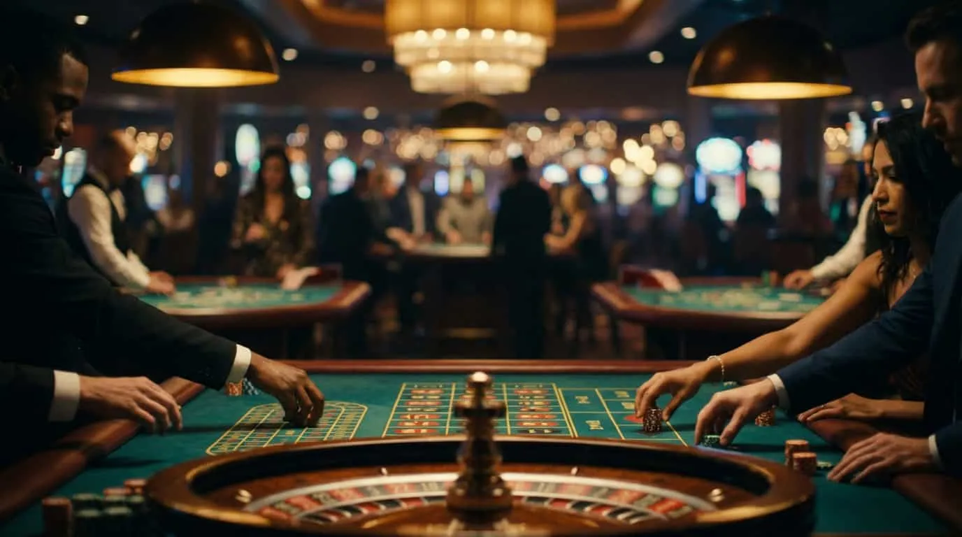 Atmospheric casino floor with gaming tables and chips