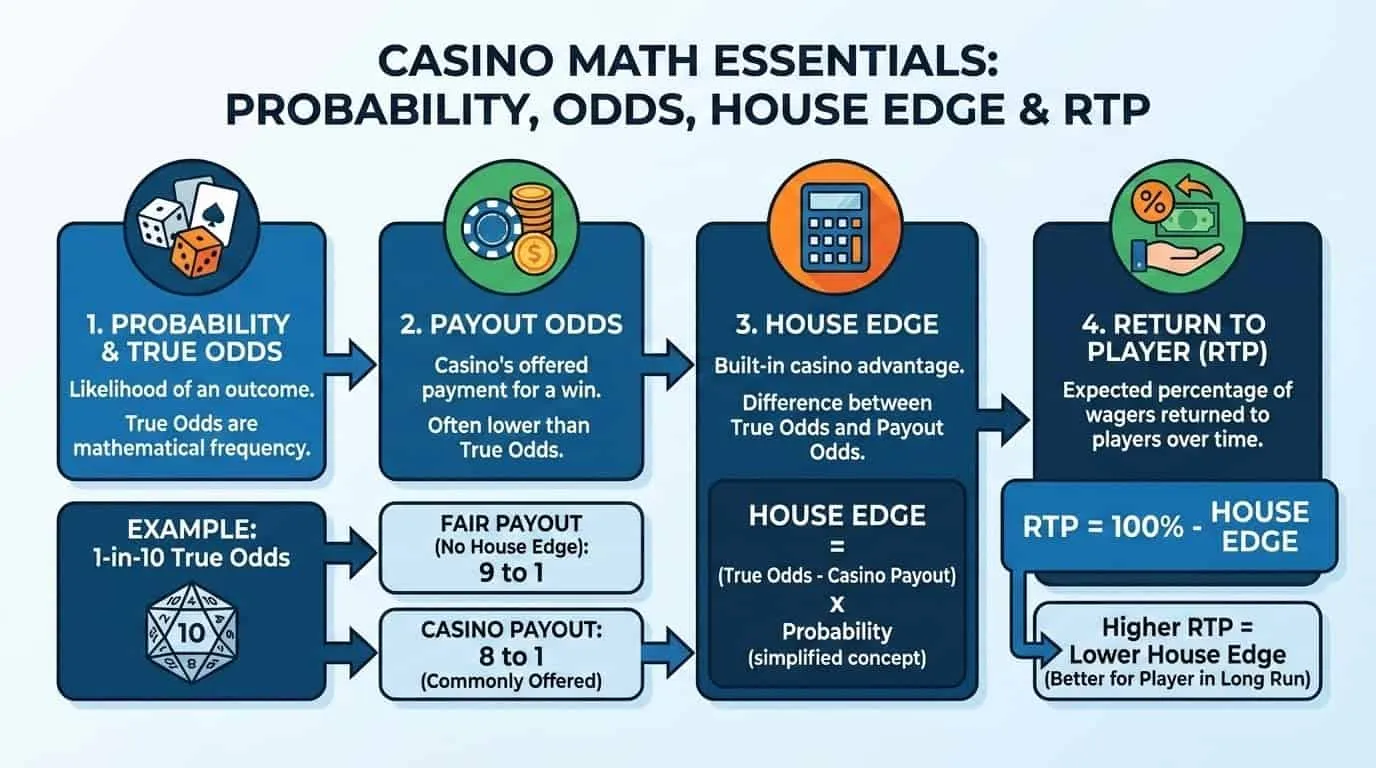 Infographic showing probability, true odds vs payout odds, house edge, and RTP relationship