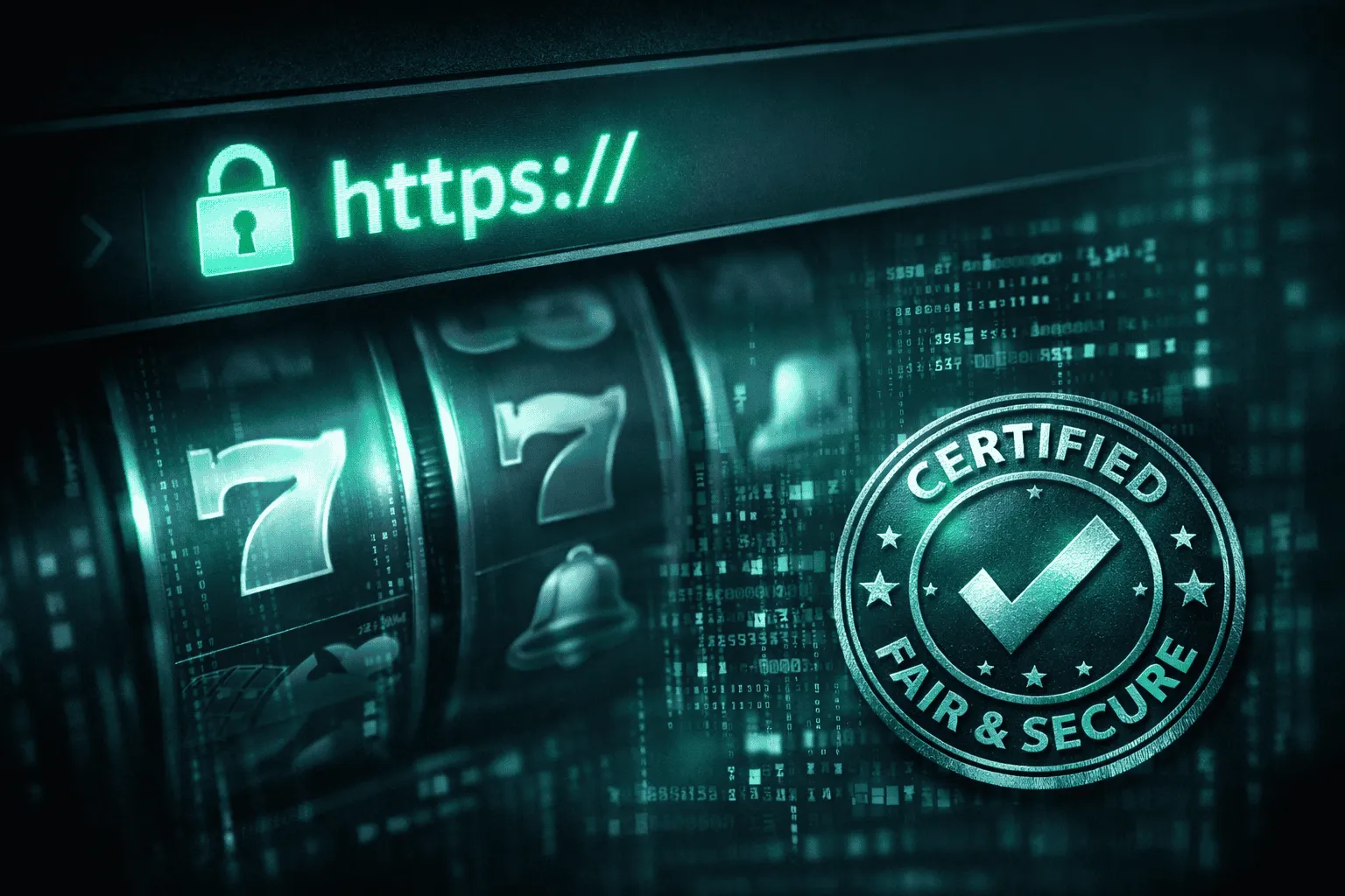 Ilustración sobre ciberseguridad con el candado de HTTPS y código abstracto de juegos de casino, que representa la seguridad SSL y la verificación de la equidad de los juegos.