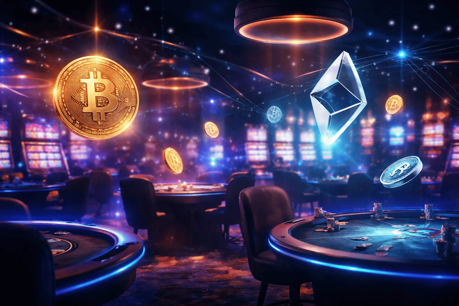 Ambiente de casino digital futurista con elementos visuales de blockchain y símbolos de criptomonedas