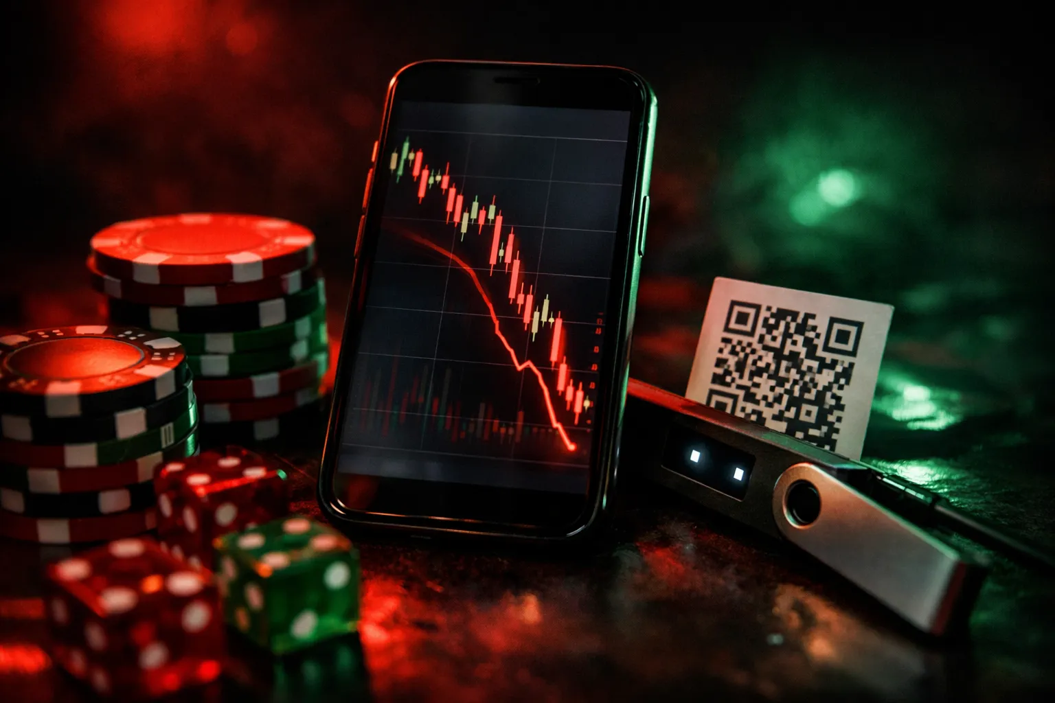 Escena sombría con fichas de casino y un gráfico de precios en caída que ilustra el riesgo de volatilidad de las criptomonedas