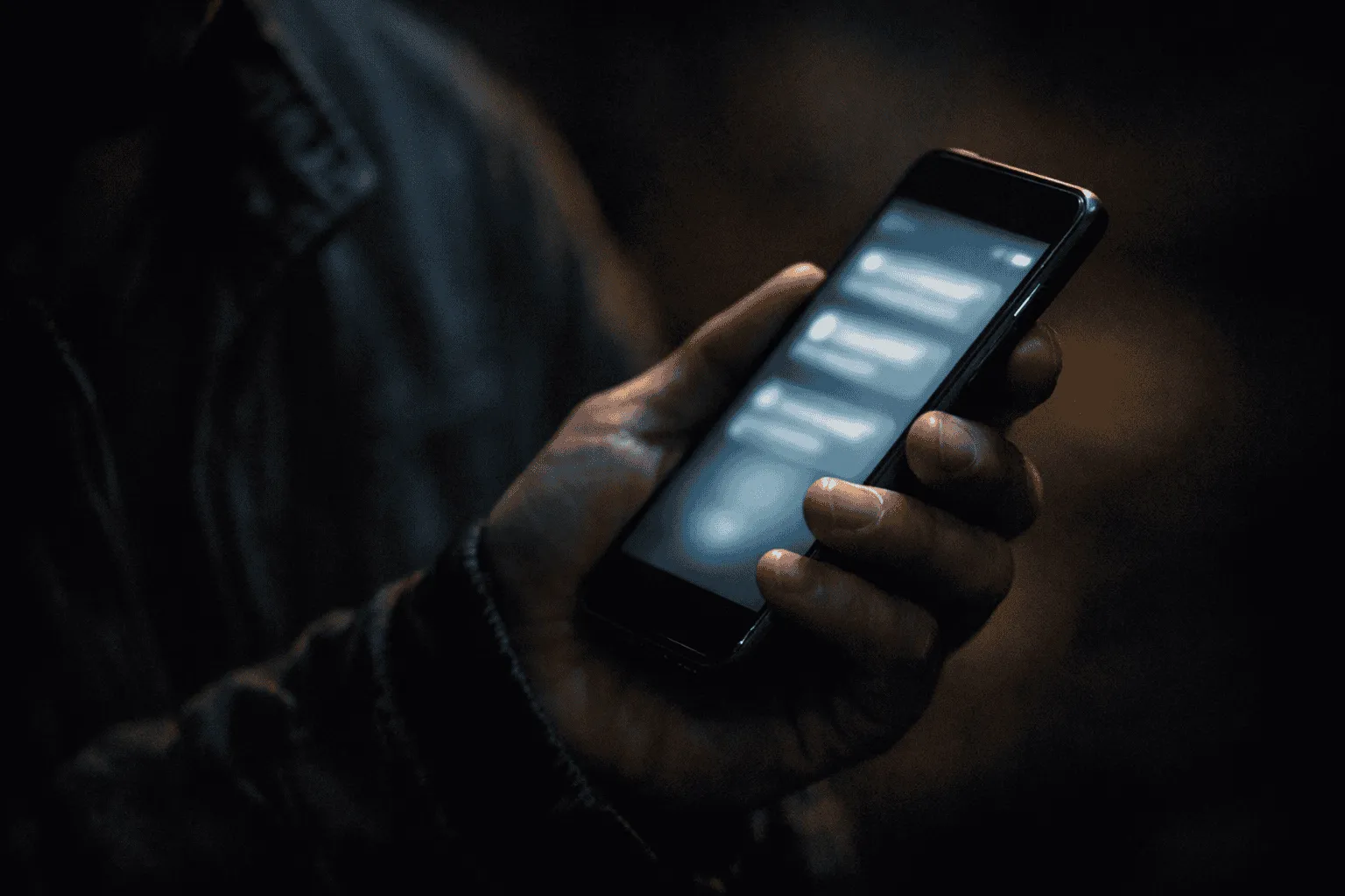 Detail osoby držící zářící smartphone v noci a odvracející ho, což naznačuje tajemství kolem online hazardu.