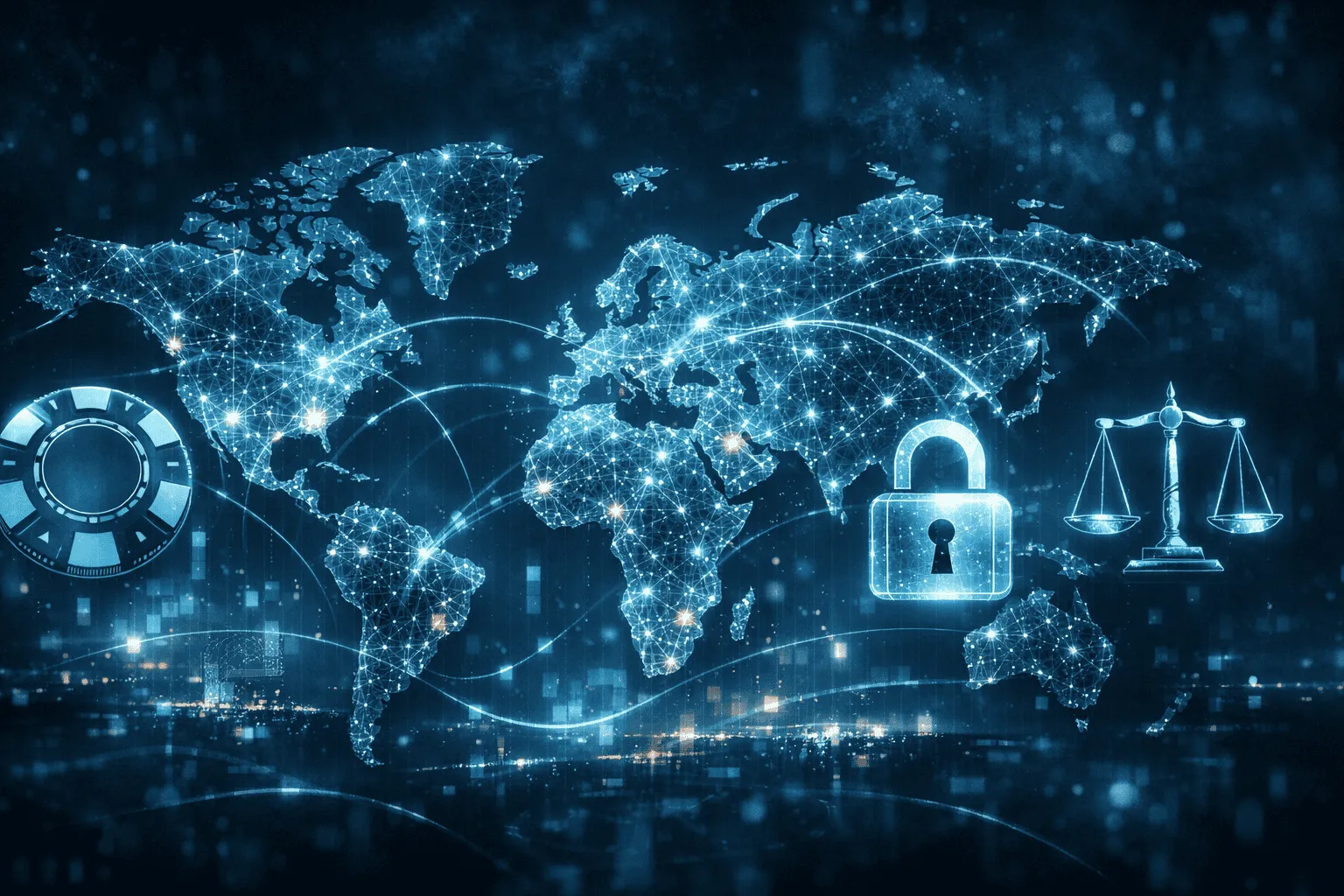 Ilustración atmosférica de una red global de juego online con simbología de seguridad y legalidad