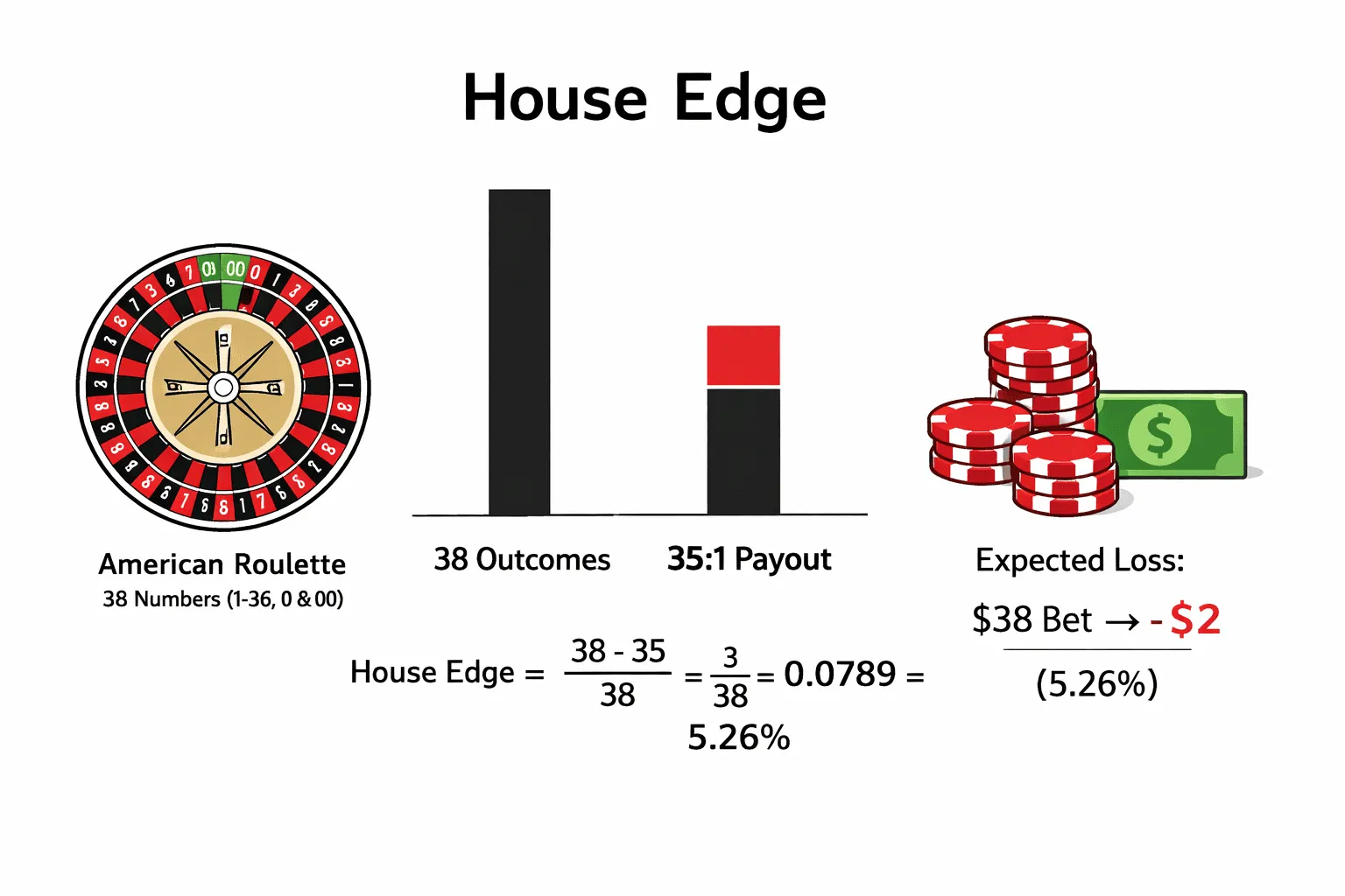 Infografika vysvětlující výhodu kasina na příkladu americké rulety (38 výsledků vs. výplata 35:1) a očekávané ztráty