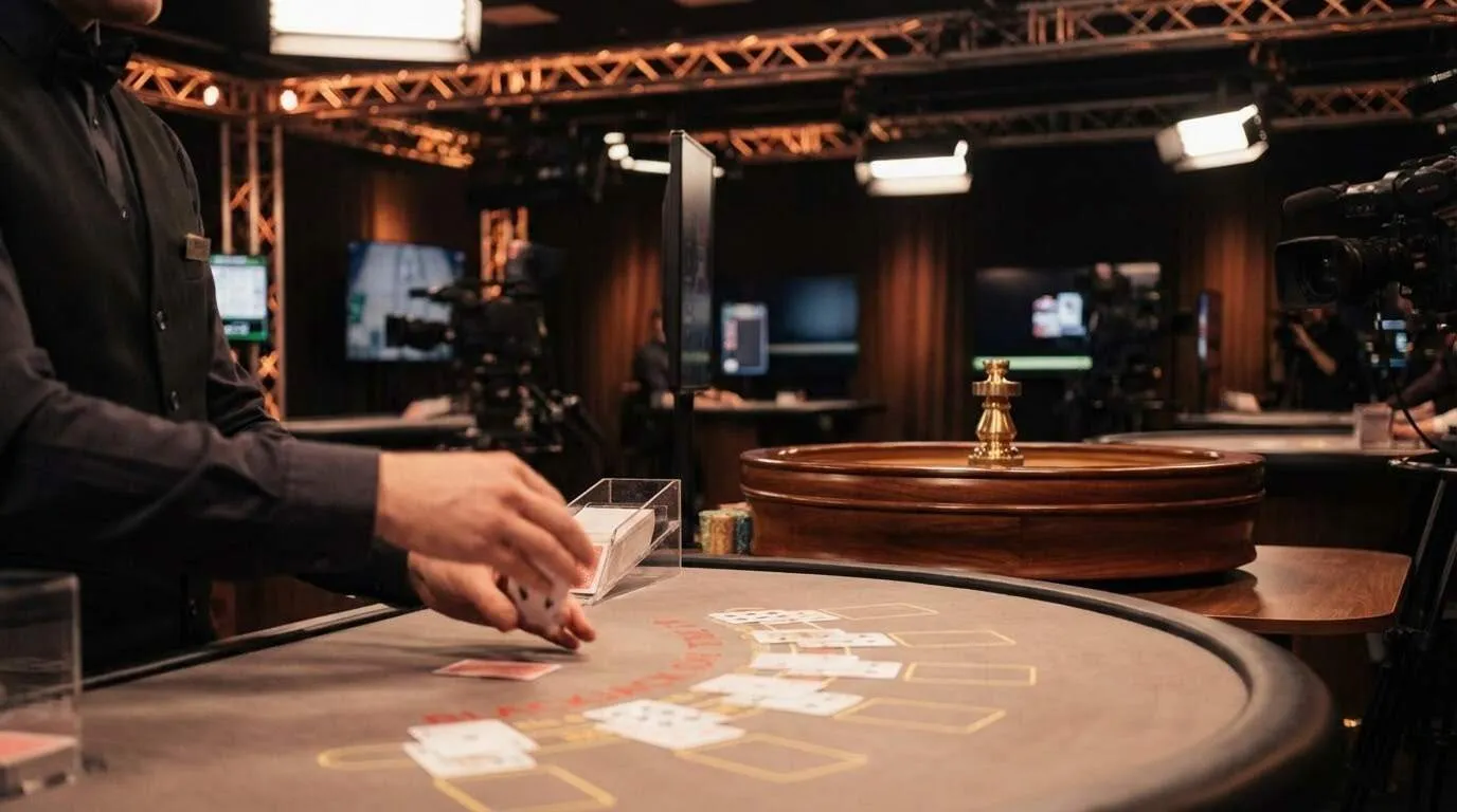 Mesa de casino con crupier en vivo repartiendo cartas y una ruleta al fondo