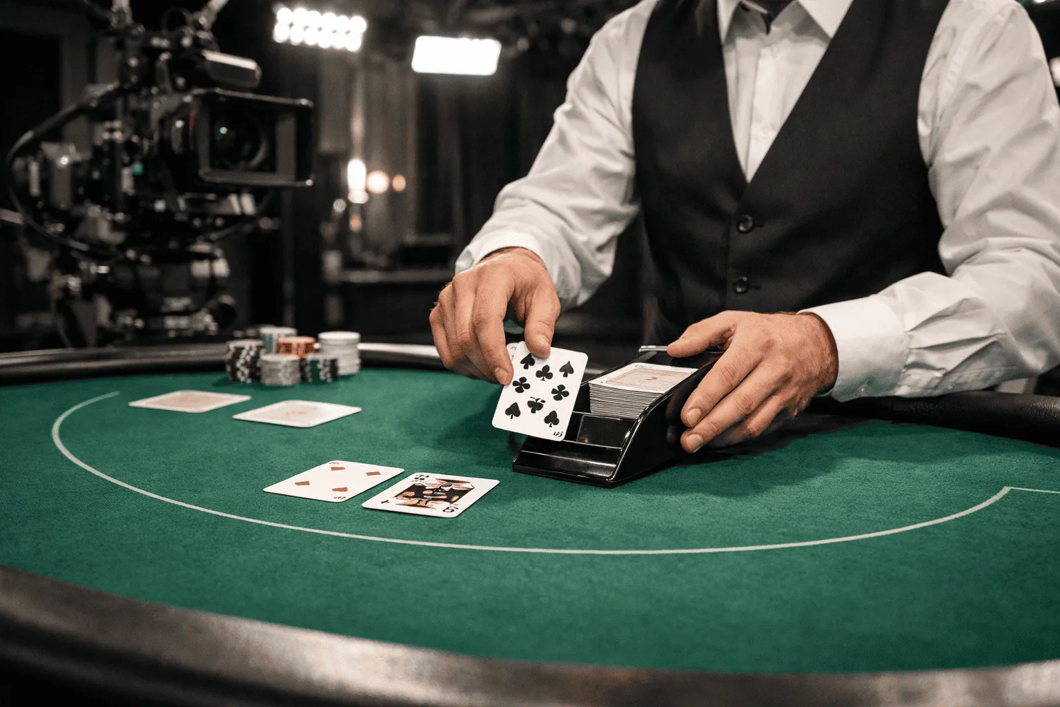 Studio živého krupiéra blackjacku s rukama krupiéra rozdávajícího karty z botky na zeleném plstěném stole
