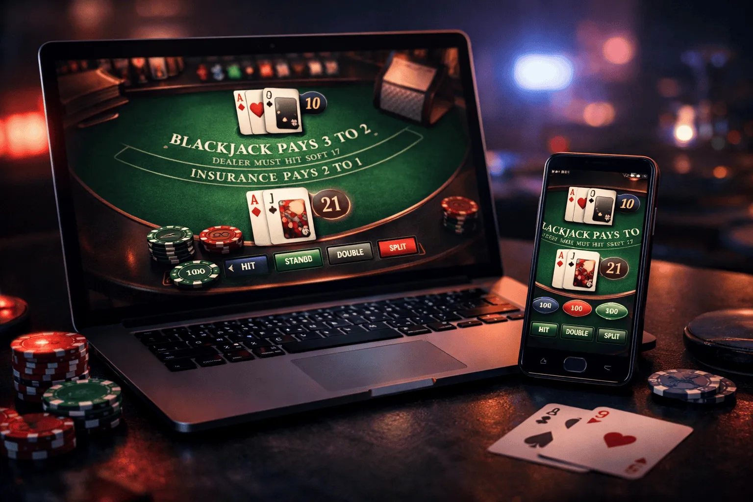 Atmosférická scéna ukazující online blackjack na notebooku a telefonu s žetony a kartami
