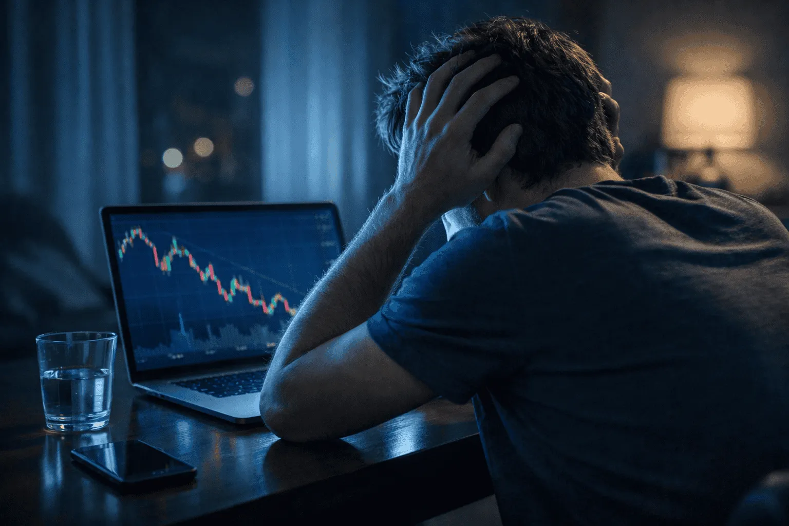 Úzkostlivý investor sledující v noci laptop s grafem akcií, ilustrující averzi ke ztrátě ve financích