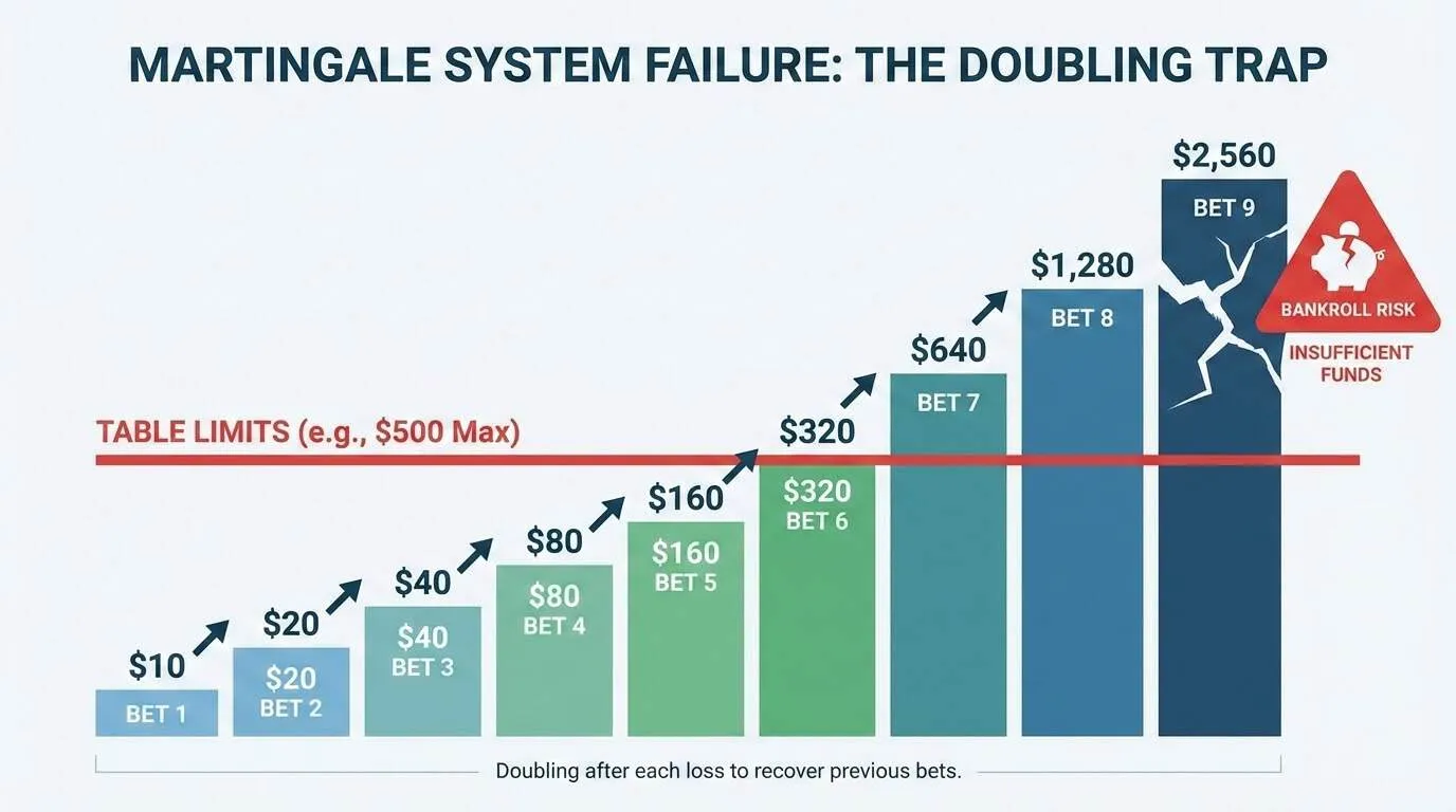 Infografía que ilustra cómo la Martingala dobla las apuestas y cómo los límites de mesa y el riesgo para el bankroll provocan su fracaso