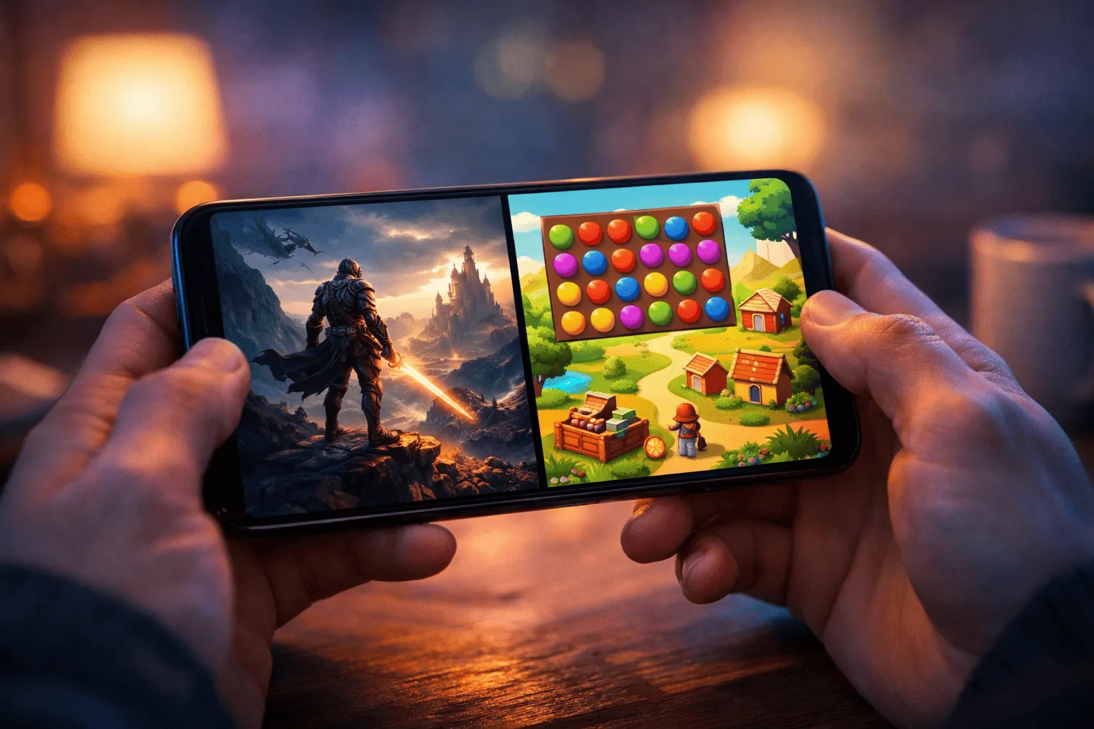 Srovnání mobilního hraní ukazující nativní aplikaci vs. hraní v prohlížeči na chytrém telefonu