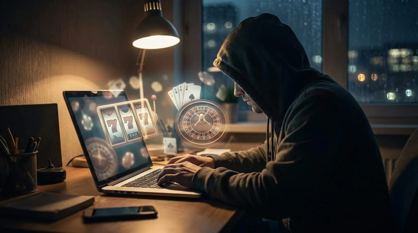 Escena cinematográfica y sombría de una persona usando un portátil con sutiles reflejos de un casino digital