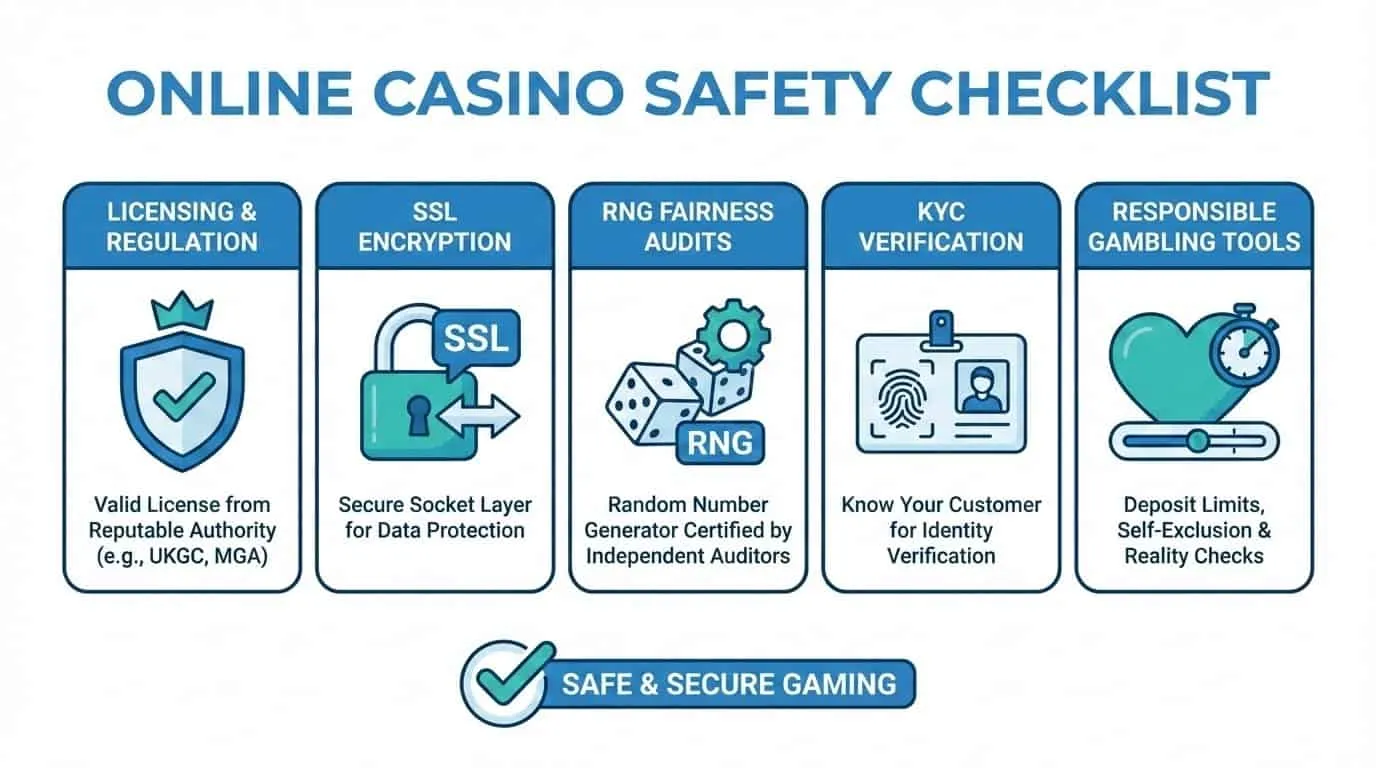 Infografika: kontrolní seznam bezpečnosti online kasina včetně licencování, SSL, auditů RNG, KYC a nástrojů pro zodpovědné hraní