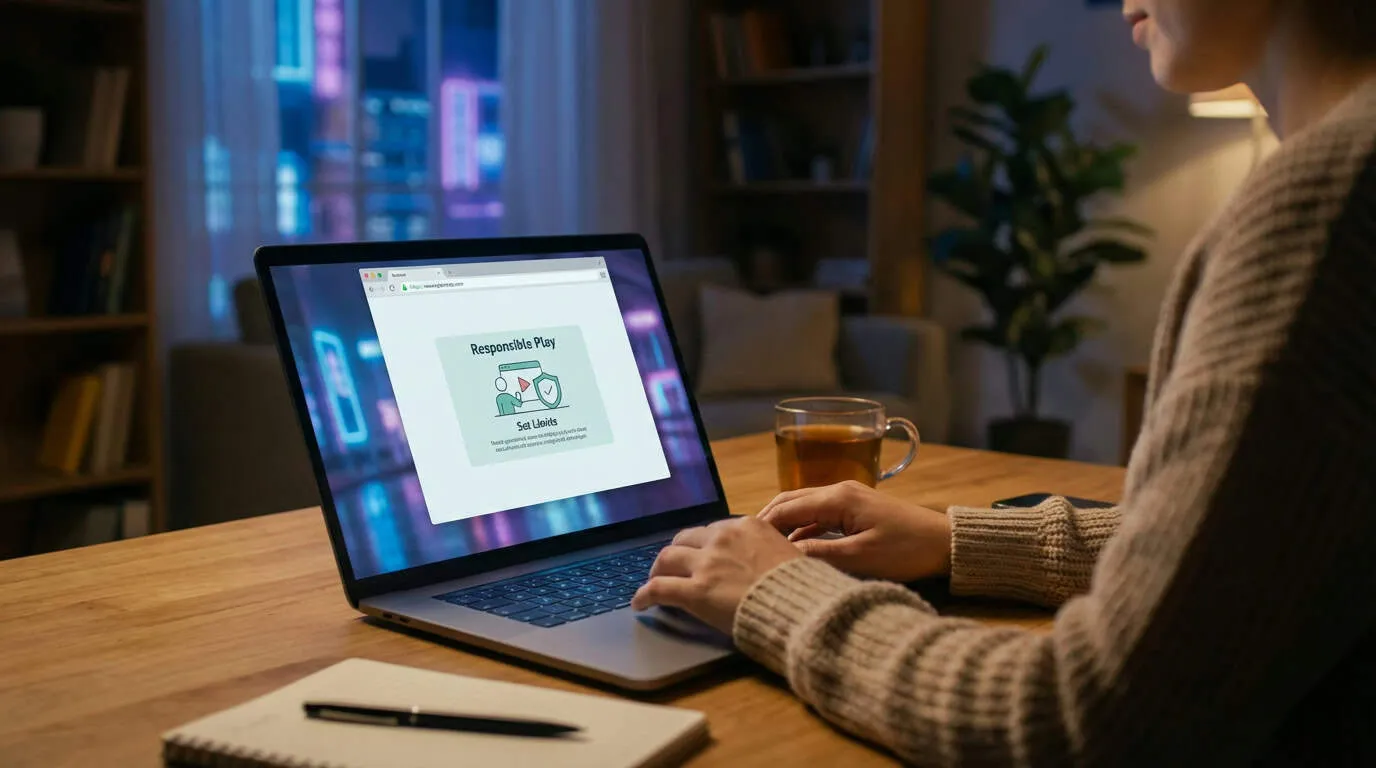 Průvodce bezpečným online hraním pro začátečníky: osoba používající notebook s jemnými kasinovými světly a bezpečnostním motivem