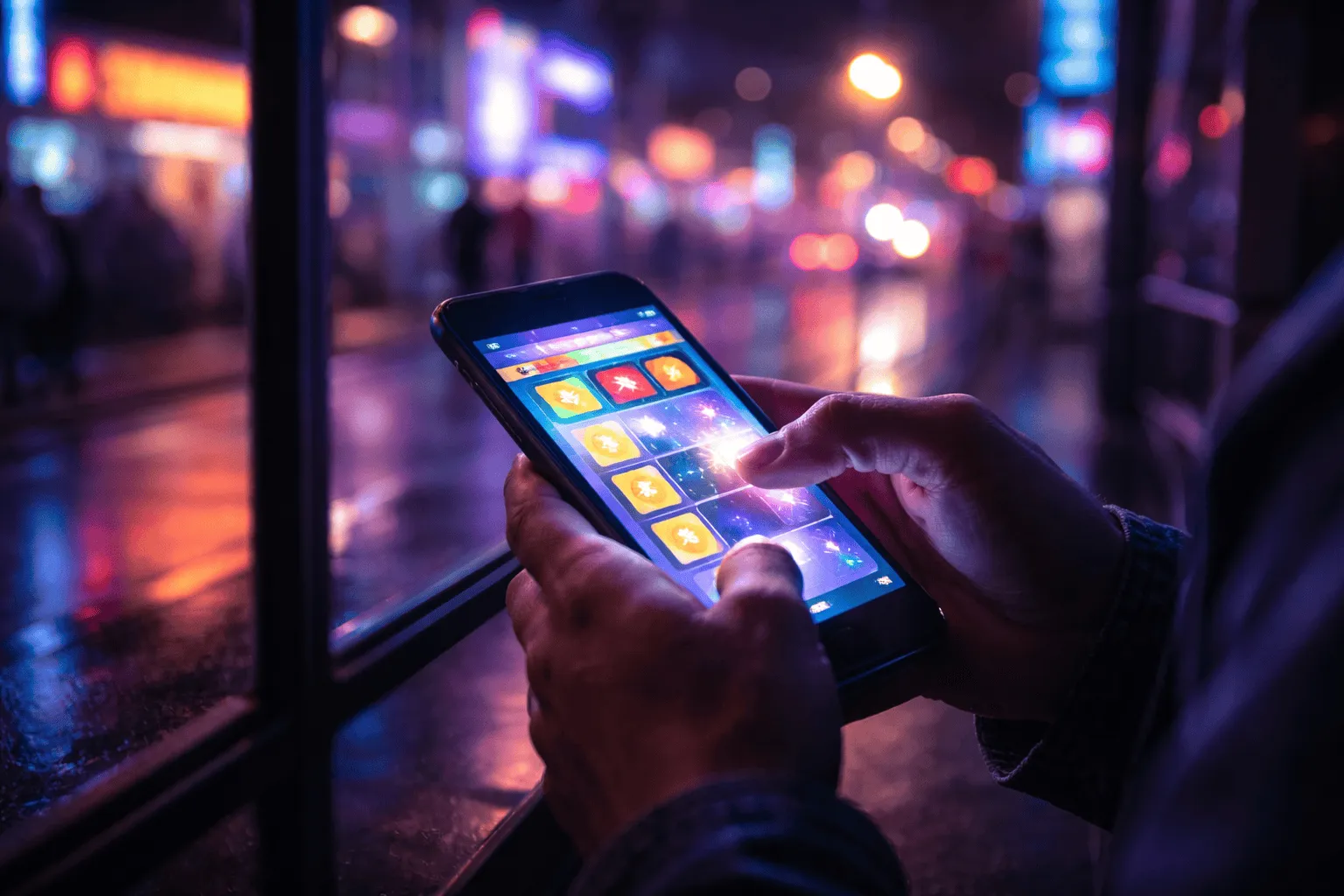 Personne jouant à une carte à gratter en ligne sur un smartphone dans un décor nocturne moderne