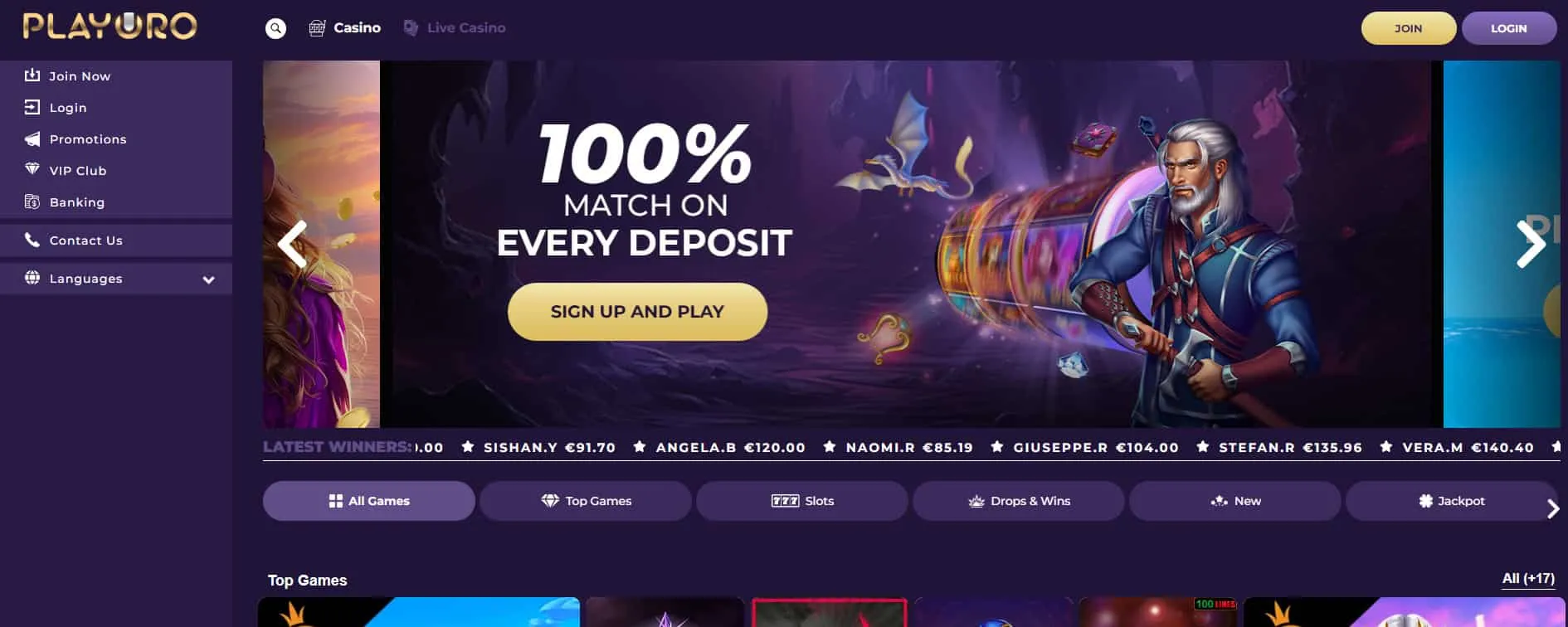 Domovská stránka PlayOro Casino