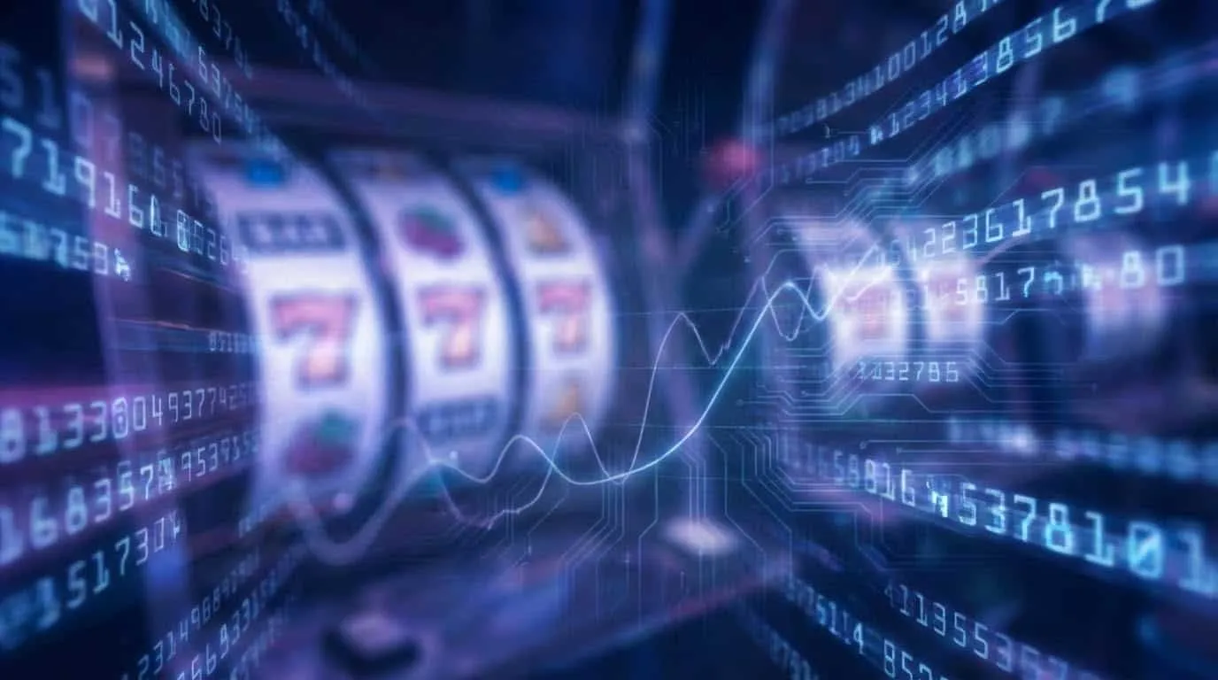 Image technologique abstraite représentant le hasard du RNG et les moyennes à long terme du RTP dans les jeux de casino en ligne