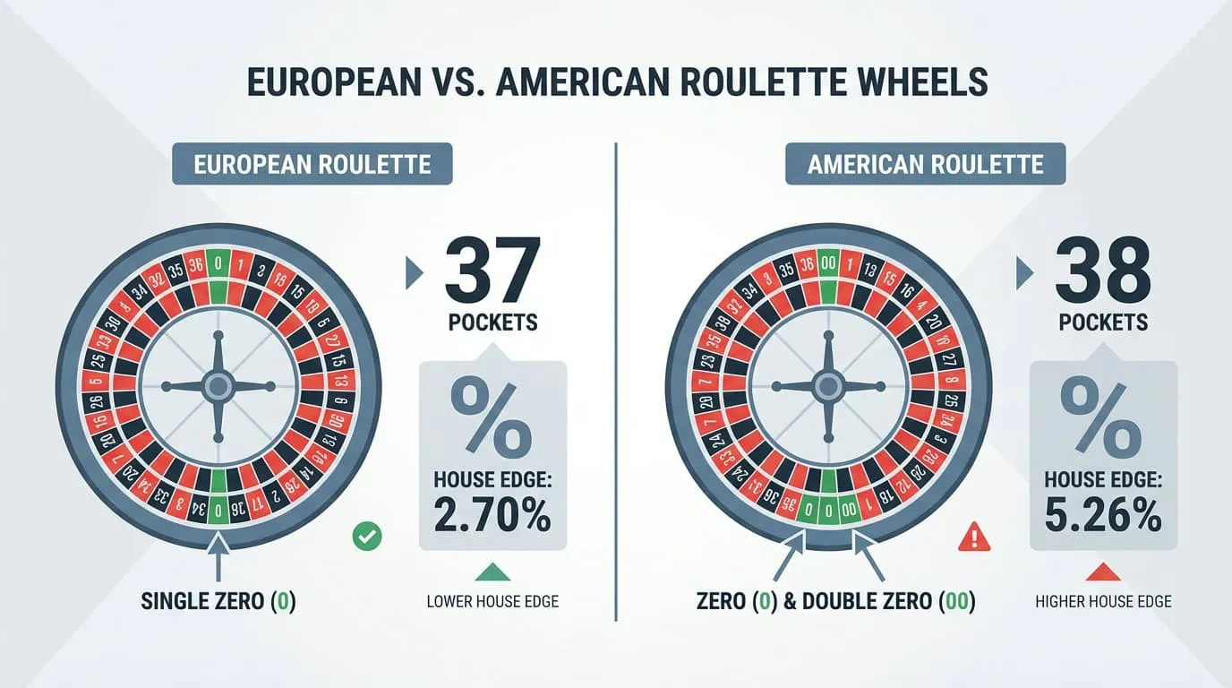 Infographic comparing European vs American roulette wheels and house edge