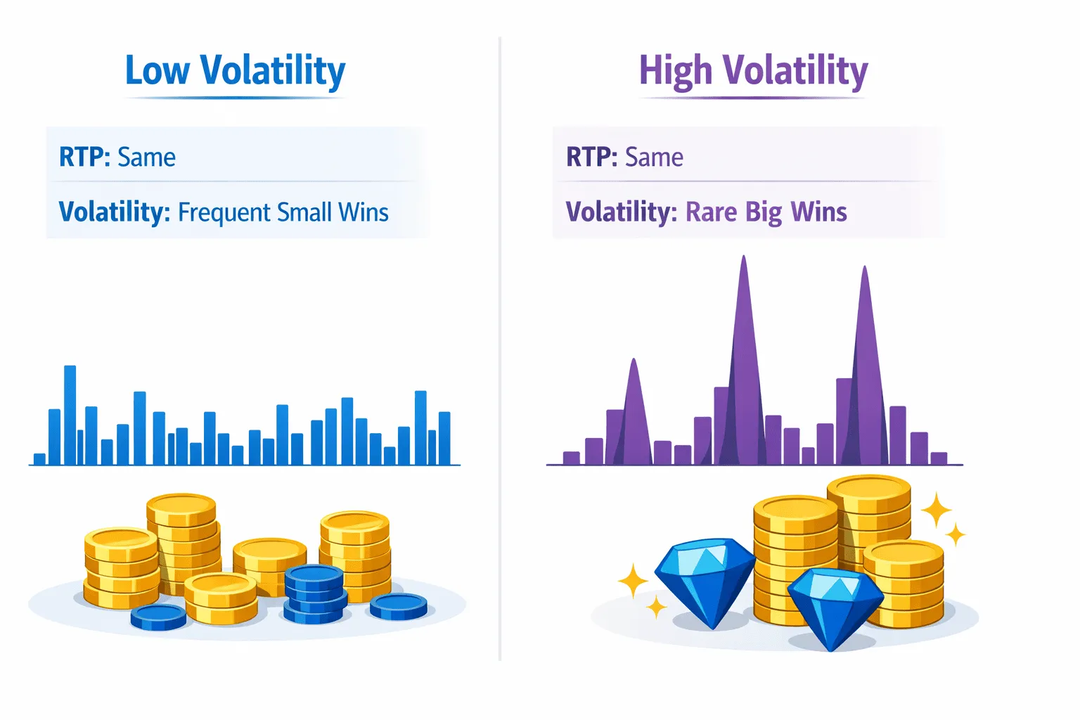 Infografika ukazující stejné RTP, ale odlišné distribuce výplat pro automaty s nízkou a vysokou volatilitou
