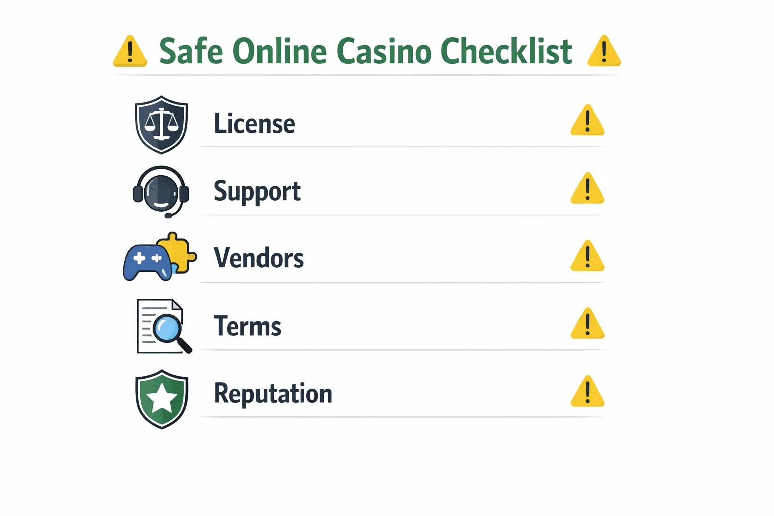 Infografía con una lista de comprobación de casino online seguro con cinco elementos: licencia, soporte, proveedores, condiciones y reputación.