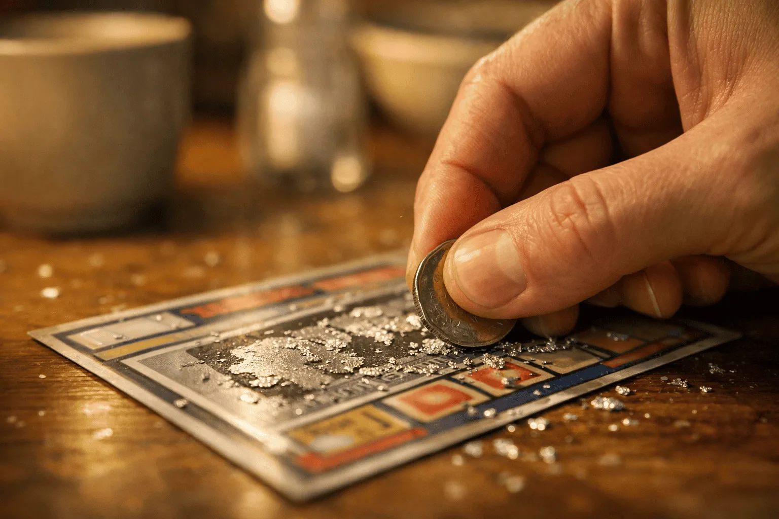 Gros plan d'une pièce grattant une carte à gratter argentée posée sur une table