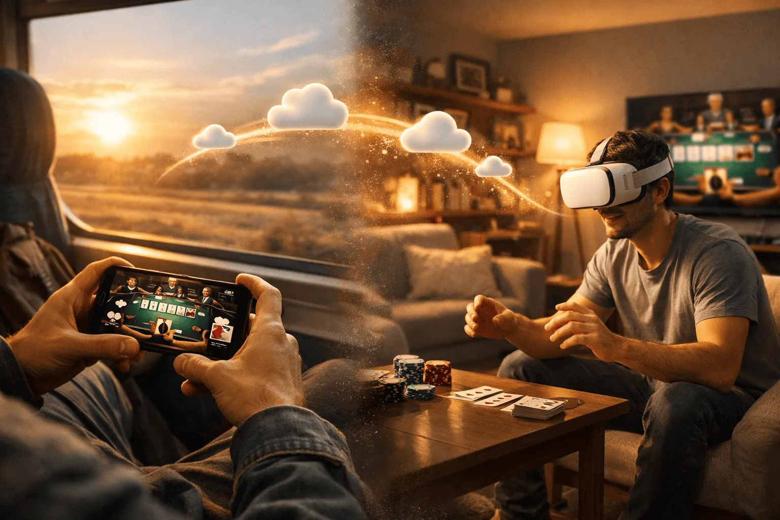 Hráč pokračující ve stejné online pokerové seanci z mobilu do VR doma, ilustrující plynulé hraní napříč platformami