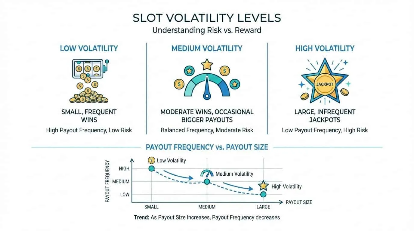 Infographie comparant la volatilité faible, moyenne et élevée des machines à sous selon la fréquence et le montant des gains
