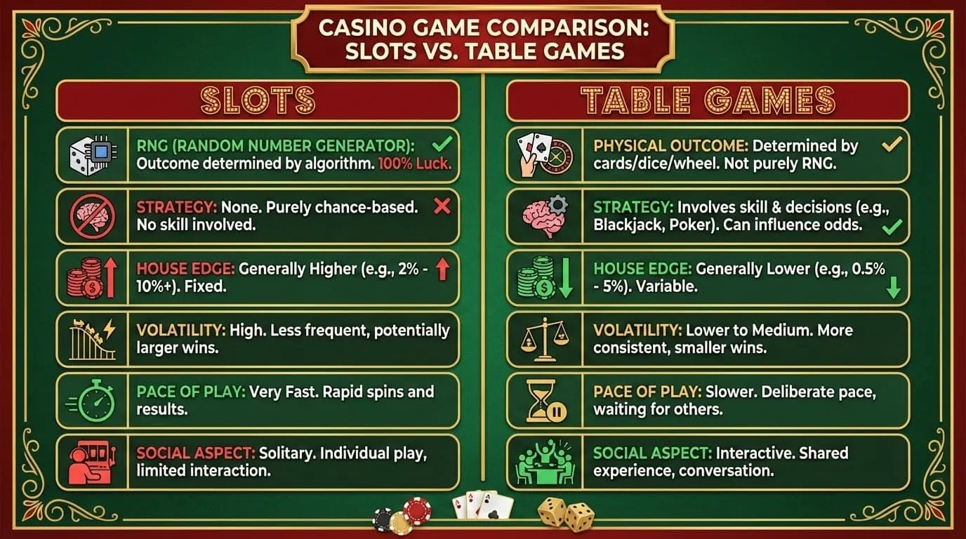 Infografika porovnávající hrací automaty a stolní hry napříč RNG, strategií, výhodou kasina, volatilitou, tempem hry a sociálním aspektem
