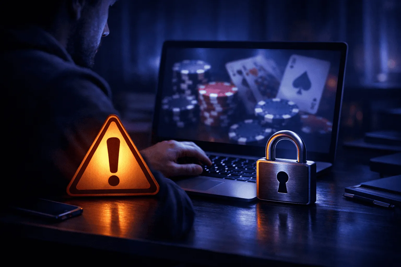 Escena cinematográfica y sombría de una persona usando un portátil de noche con símbolos de advertencia de seguridad y un candado, que representa la seguridad en los casinos online.