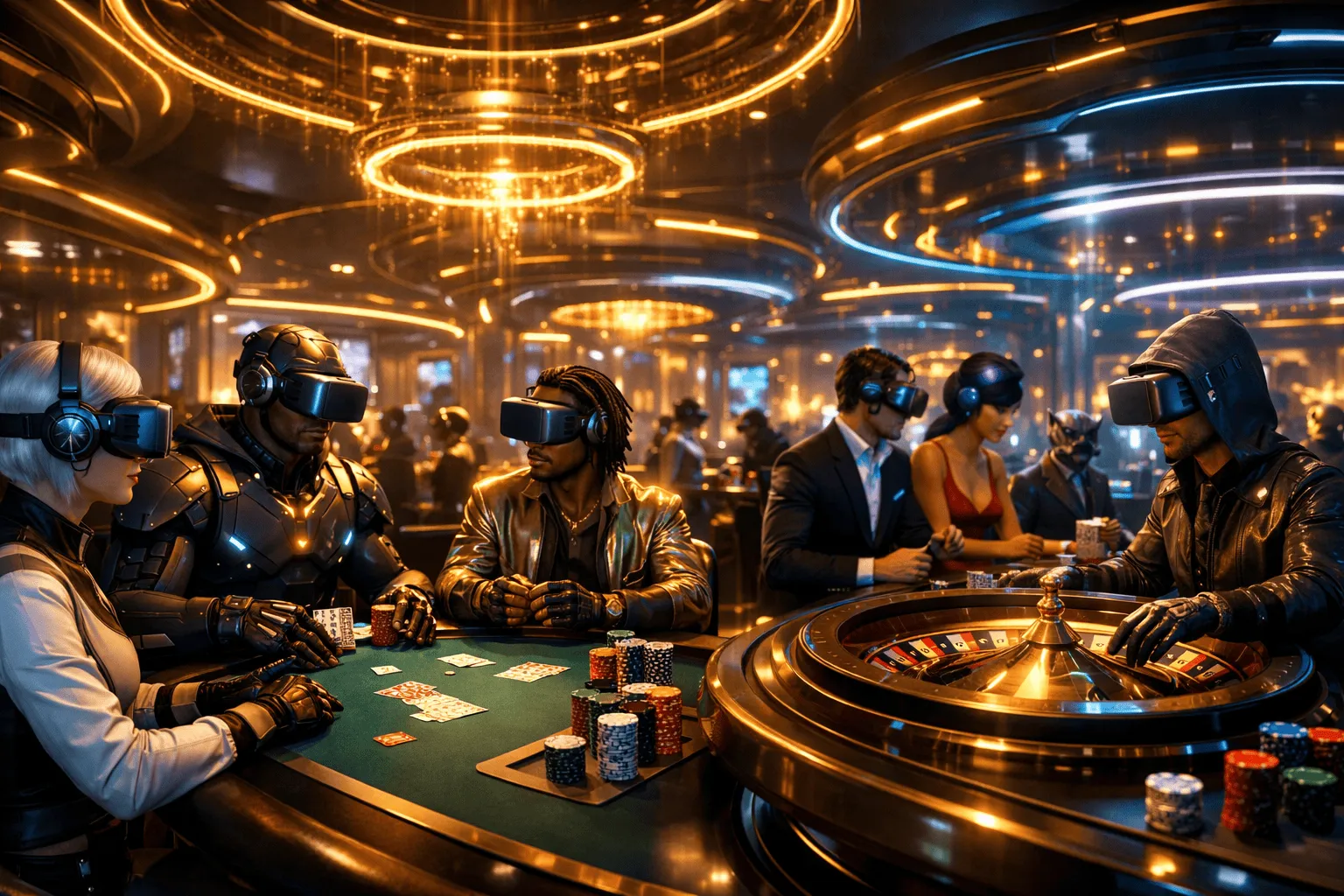 Filmový pohled na futuristické VR kasino s avatary u stolů v prvotřídním sci-fi prostředí
