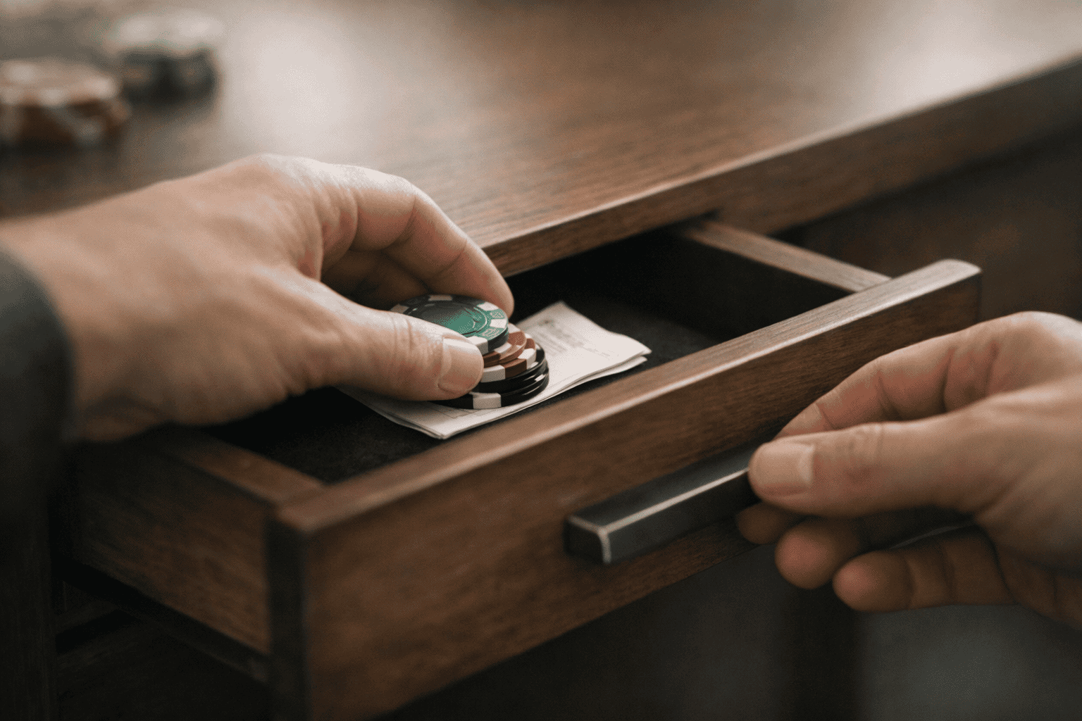 Klidné gesto odkládání předmětů souvisejících s hazardem, symbolizující sebekontrolu a zastavení