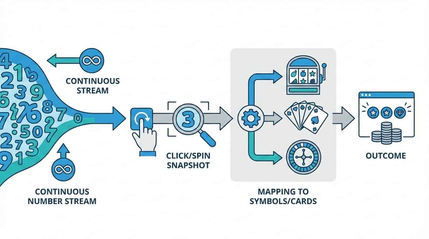 Infografica che mostra il processo RNG: flusso continuo di numeri, istantanea del clic, mappatura ai simboli, risultato