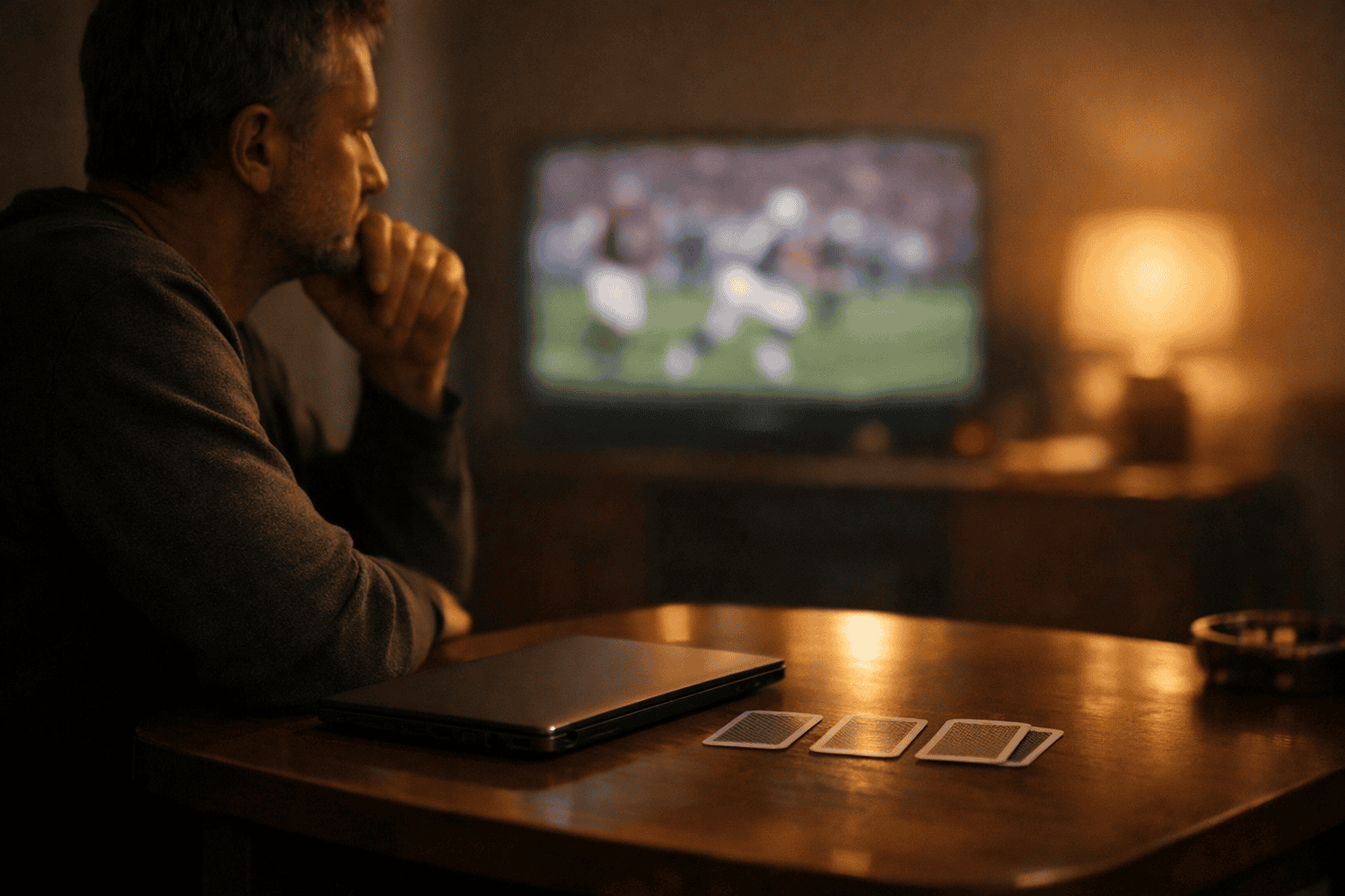 Klidná, zamyšlená scéna naznačující promyšlené rozhodování, než se hazardní hry stupňují